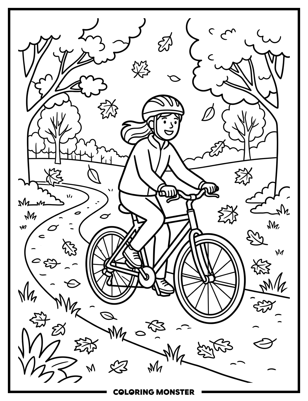 Person Rides Bicycle Through Autumn Park Coloring Page