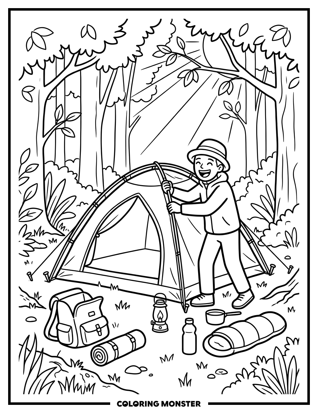 Person Setting Up Tent In Forest Coloring Page