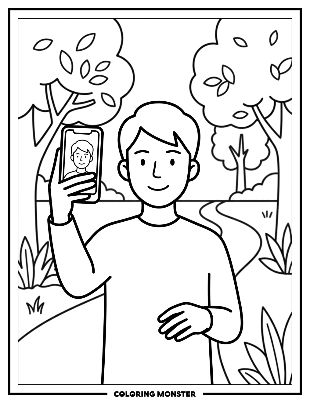 Person Taking a Selfie in the Park Coloring Page