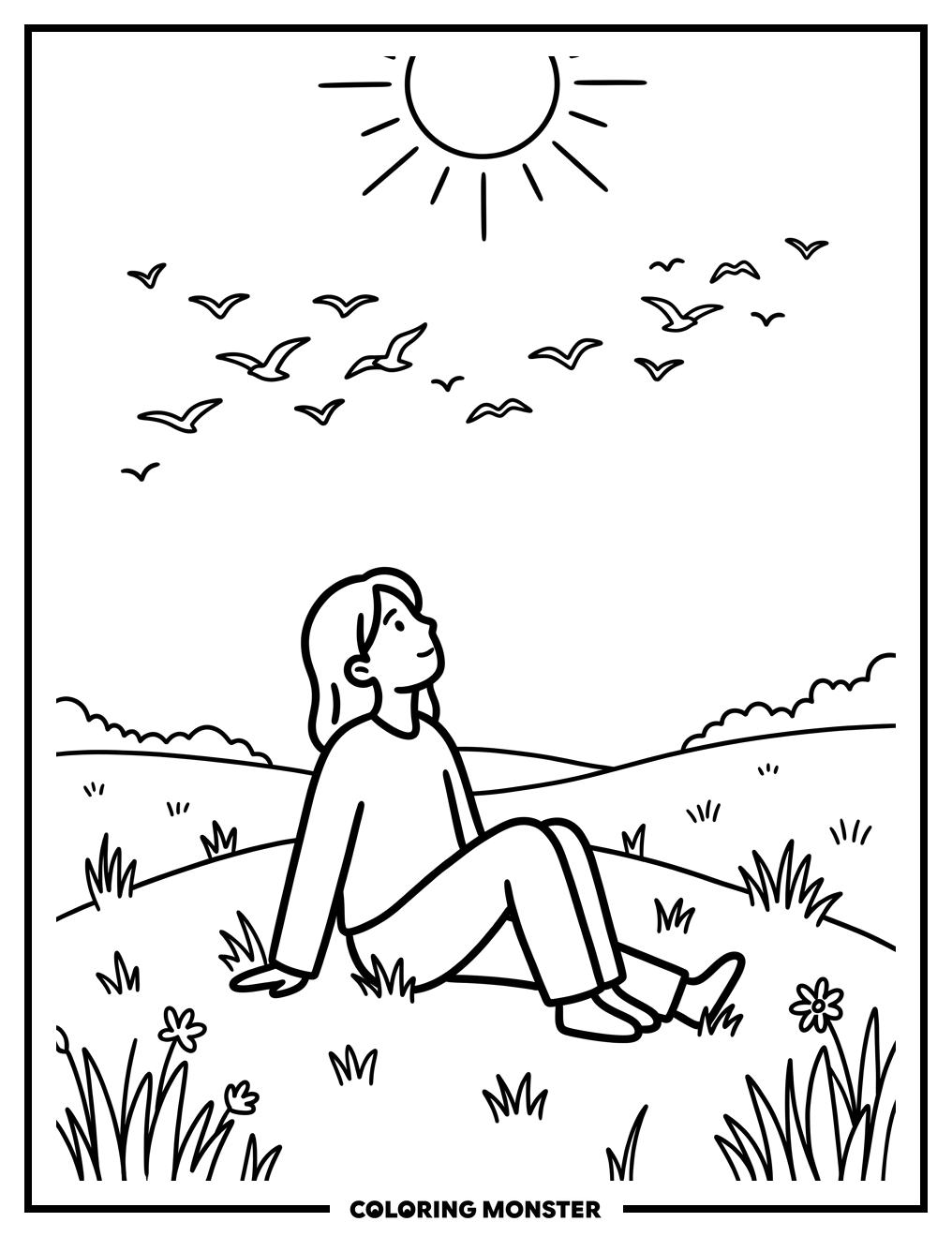 Person Watching Birds in Sunny Meadow Coloring Page