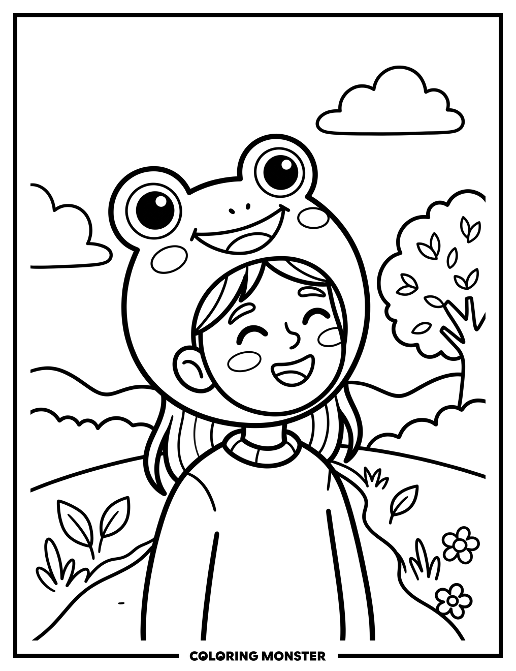 Person Wearing Whimsical Frog Hat Coloring Page