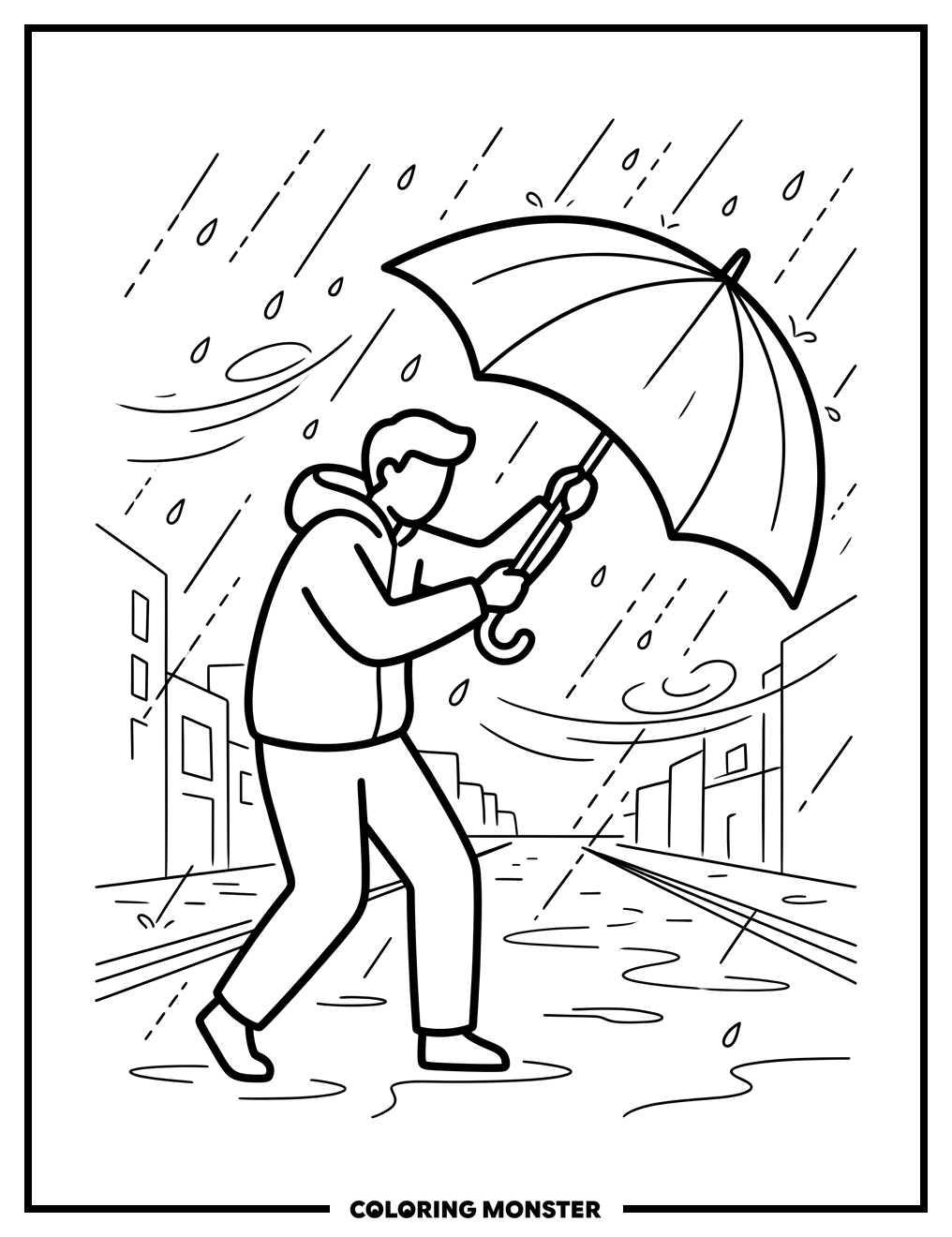 Person With Umbrella in a Storm Coloring Page