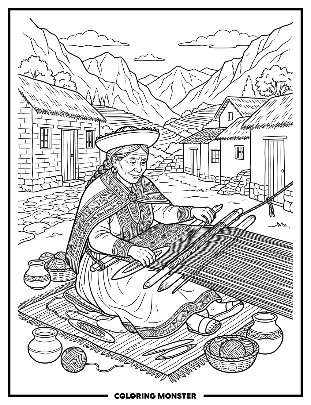 Peruvian Weaver in Andean Village Coloring Page
