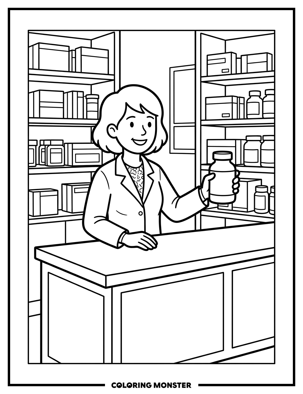 Pharmacist Giving Medicine Bottle Coloring Page