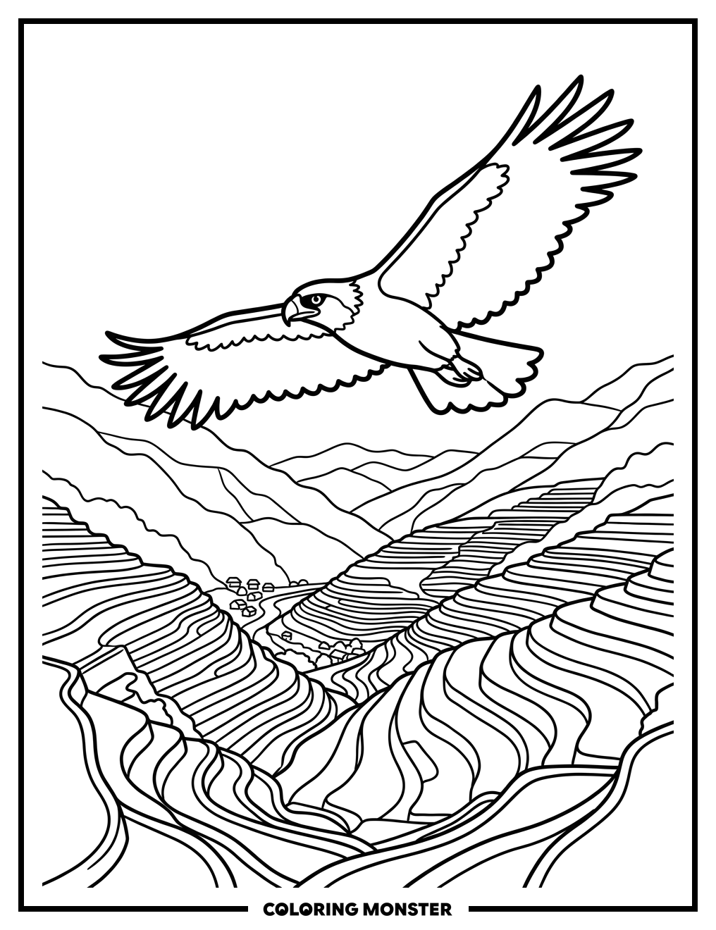 Philippine Eagle Over Rice Terraces Coloring Page