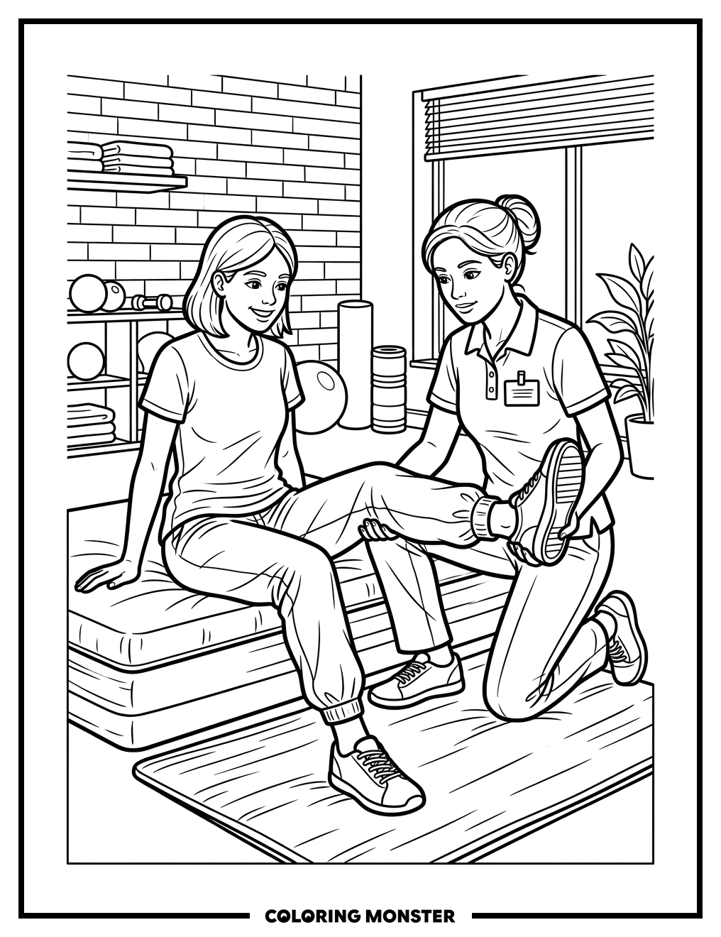 Physical Therapist Assisting Leg Stretch Coloring Page