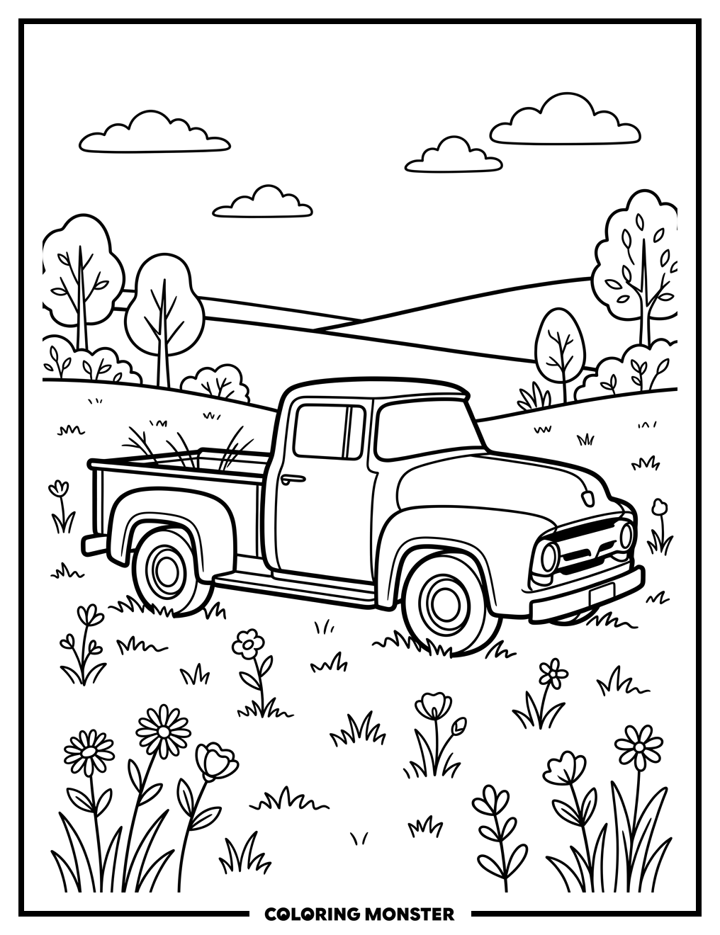 Pickup Truck and Wildflowers Coloring Page