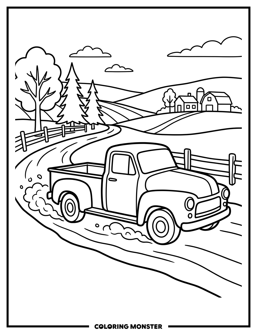 Pickup Truck on a Dusty Road Coloring Page
