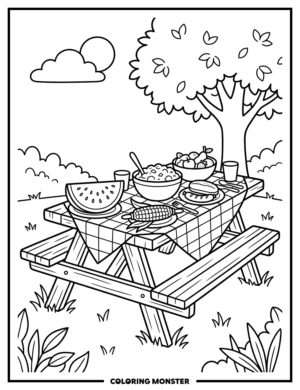 Picnic Table Full of Summer Food Coloring Page