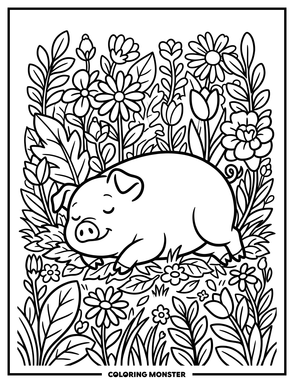 Pig Resting in a Flower Garden Coloring Page