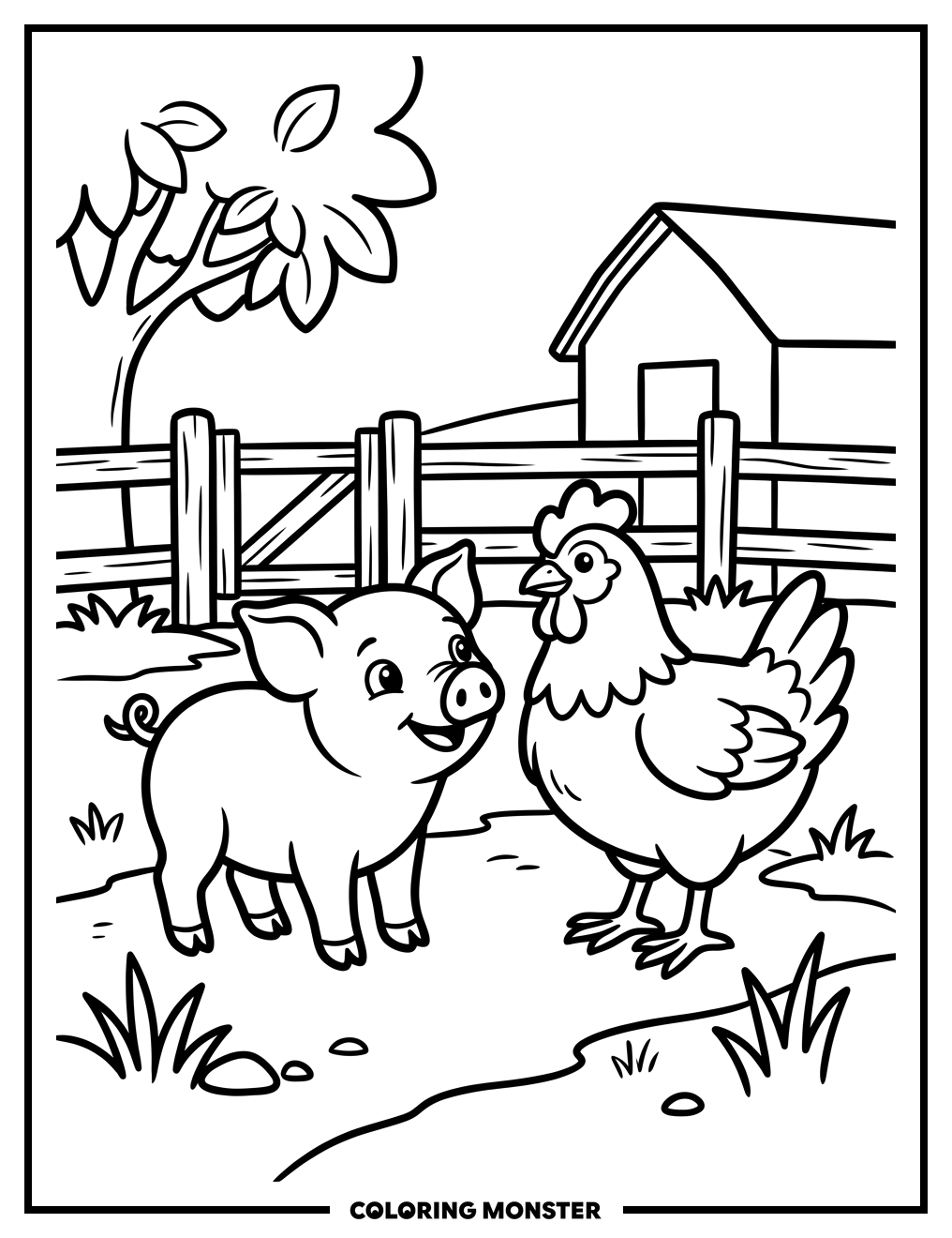 Piglet and Chicken on the Farm Coloring Page