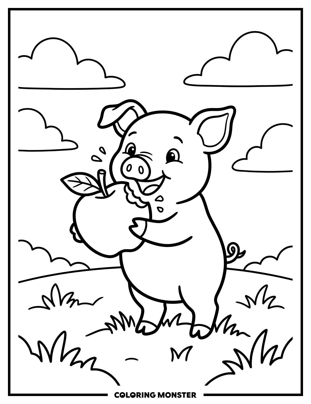 Piglet Eating an Apple Coloring Page