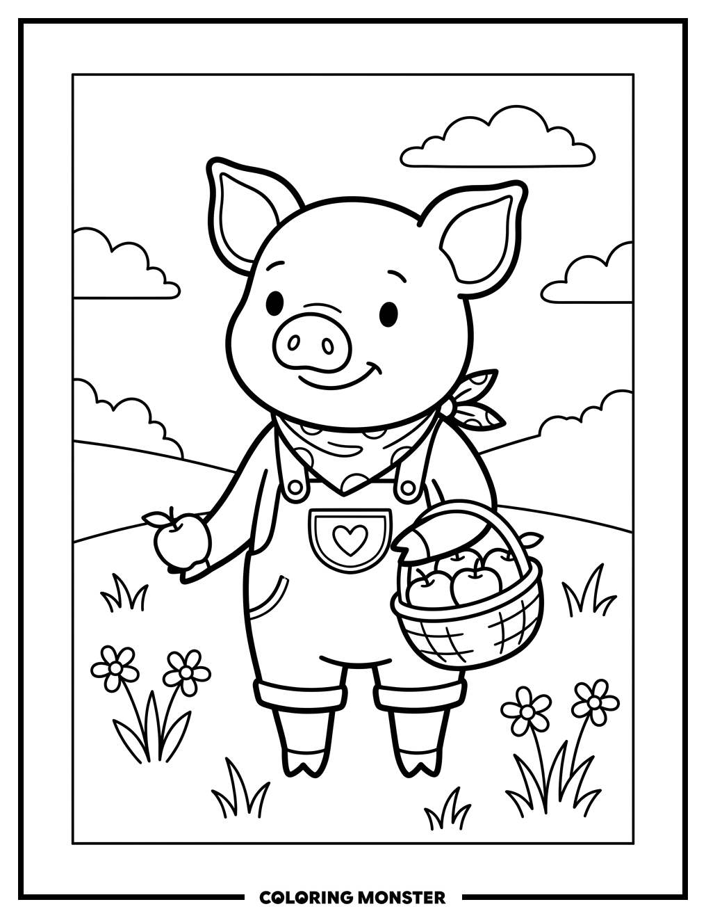 Piglet With Apple Basket Coloring Page
