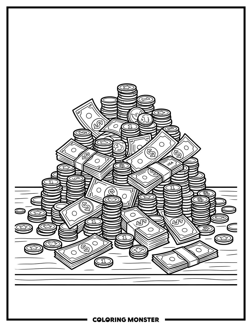 Pile Of Gold Coins And Money Coloring Page