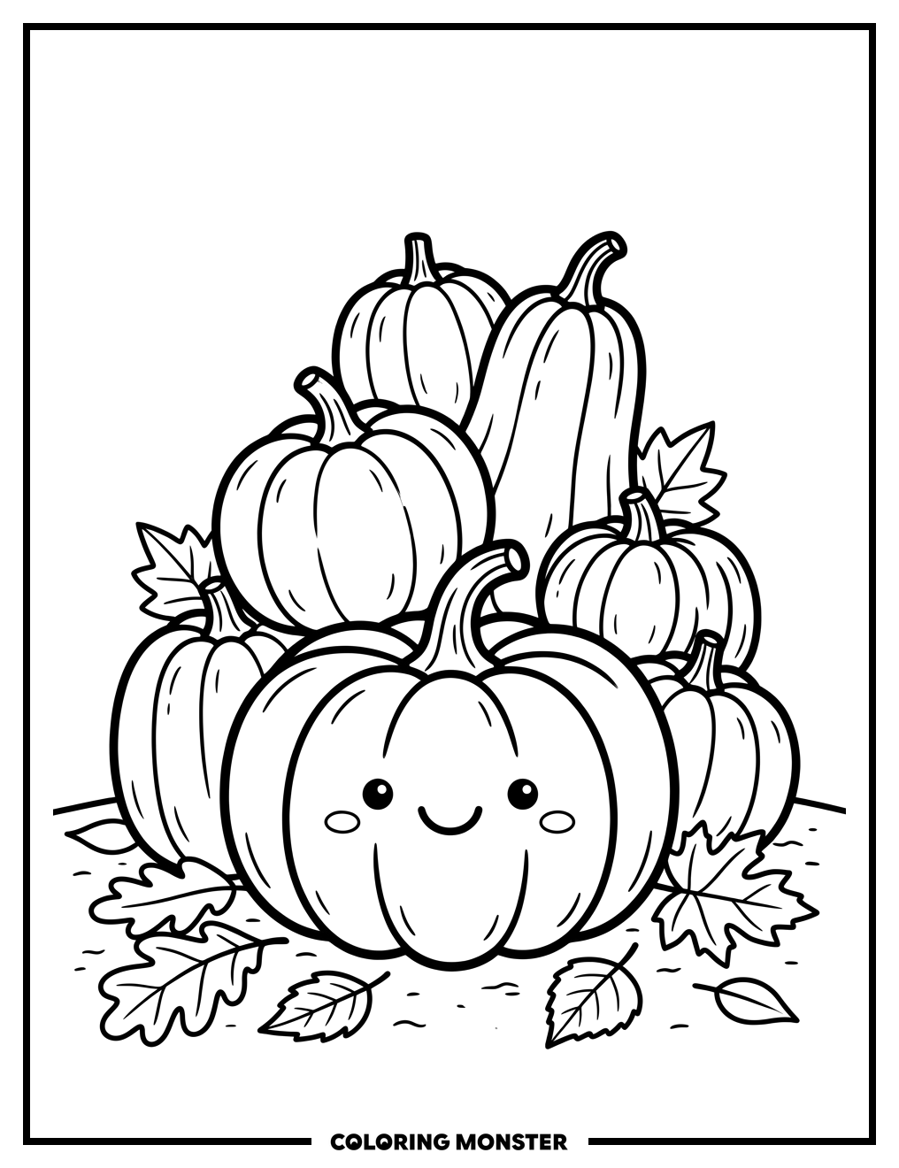Pile of Pumpkins with Leaves Coloring Page