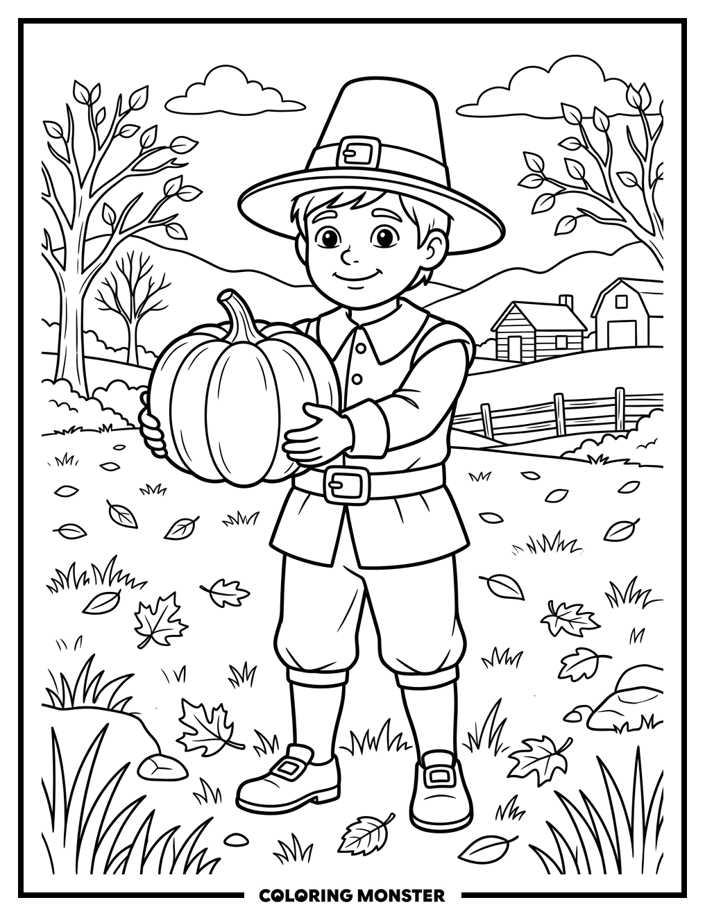 Pilgrim Boy With Pumpkin Coloring Page