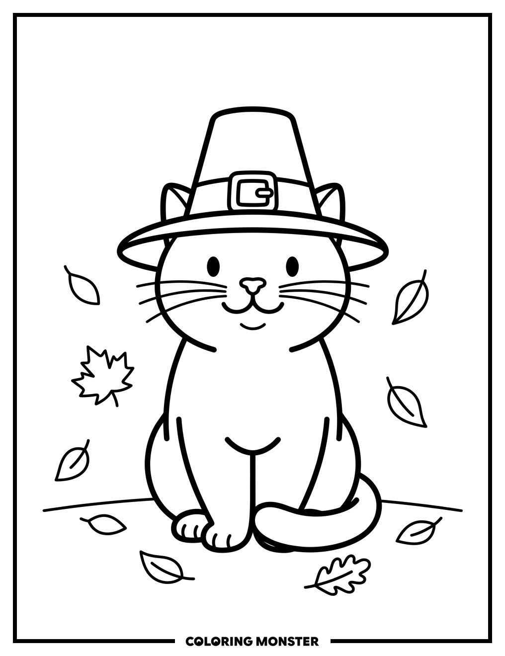 Pilgrim Cat With Fall Leaves Coloring Page