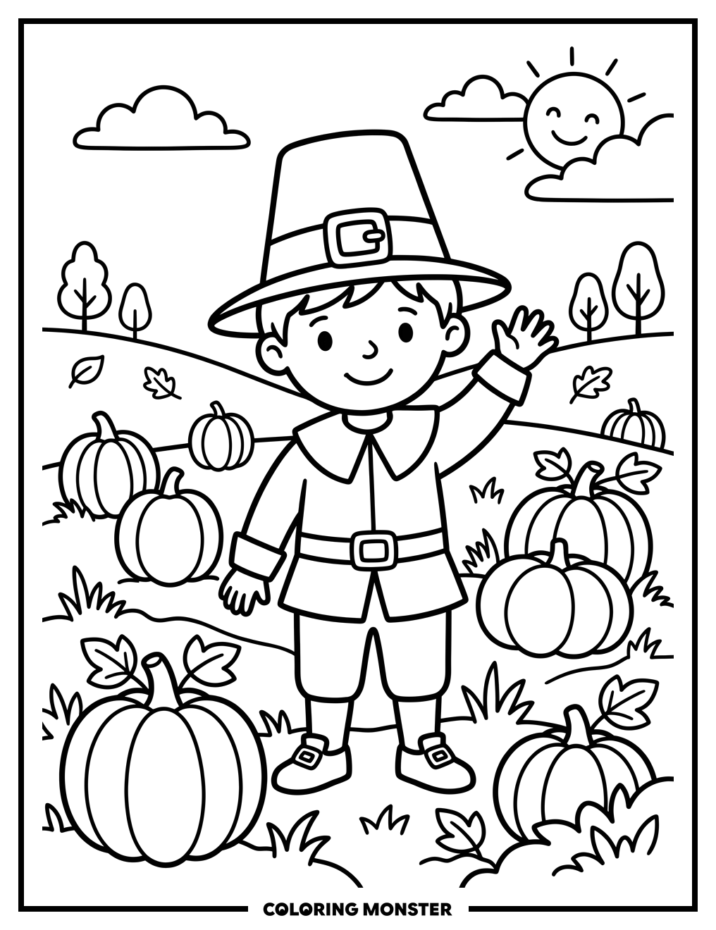 Pilgrim Child With Pumpkins Coloring Page