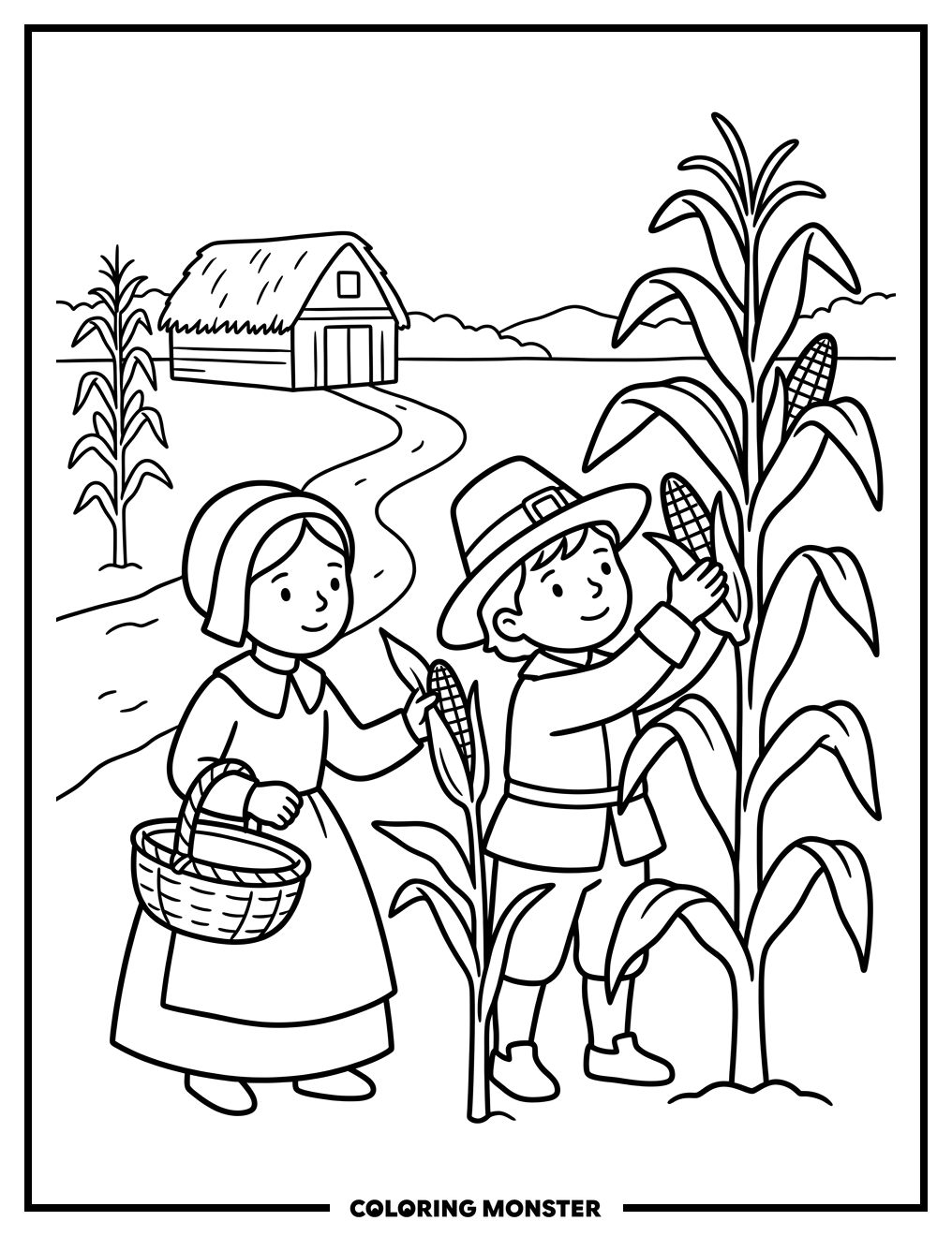 Pilgrim Children Gathering Corn Coloring Page