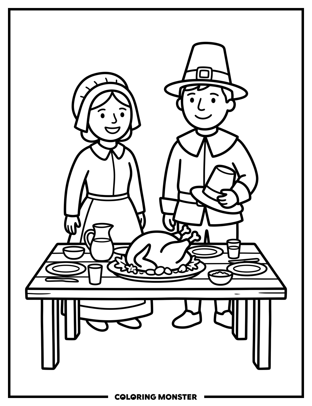 Pilgrim Couple Hosting Thanksgiving Feast Coloring Page