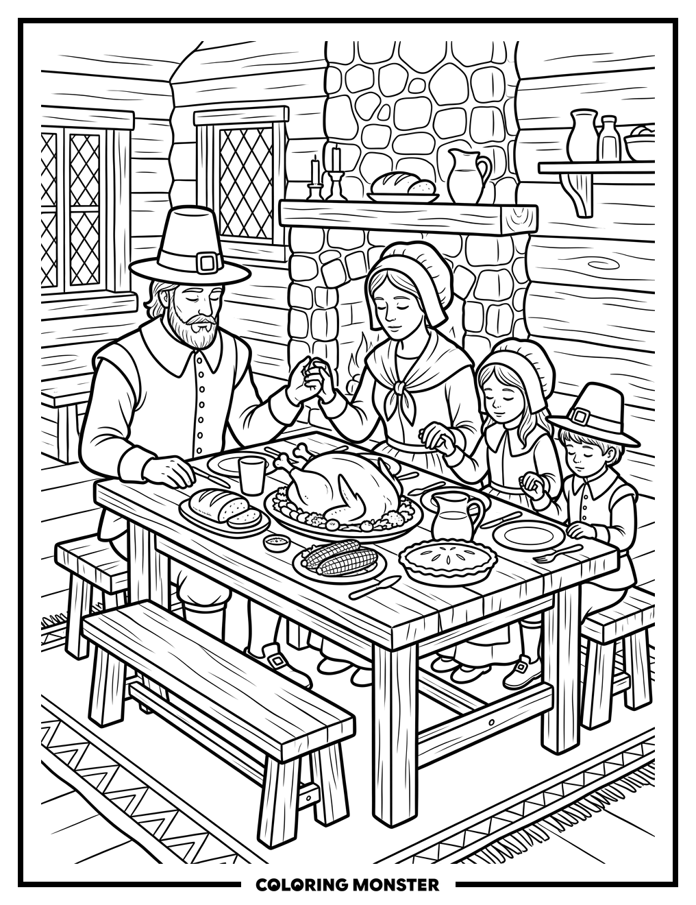 Pilgrim Family Gives Thanks Coloring Page