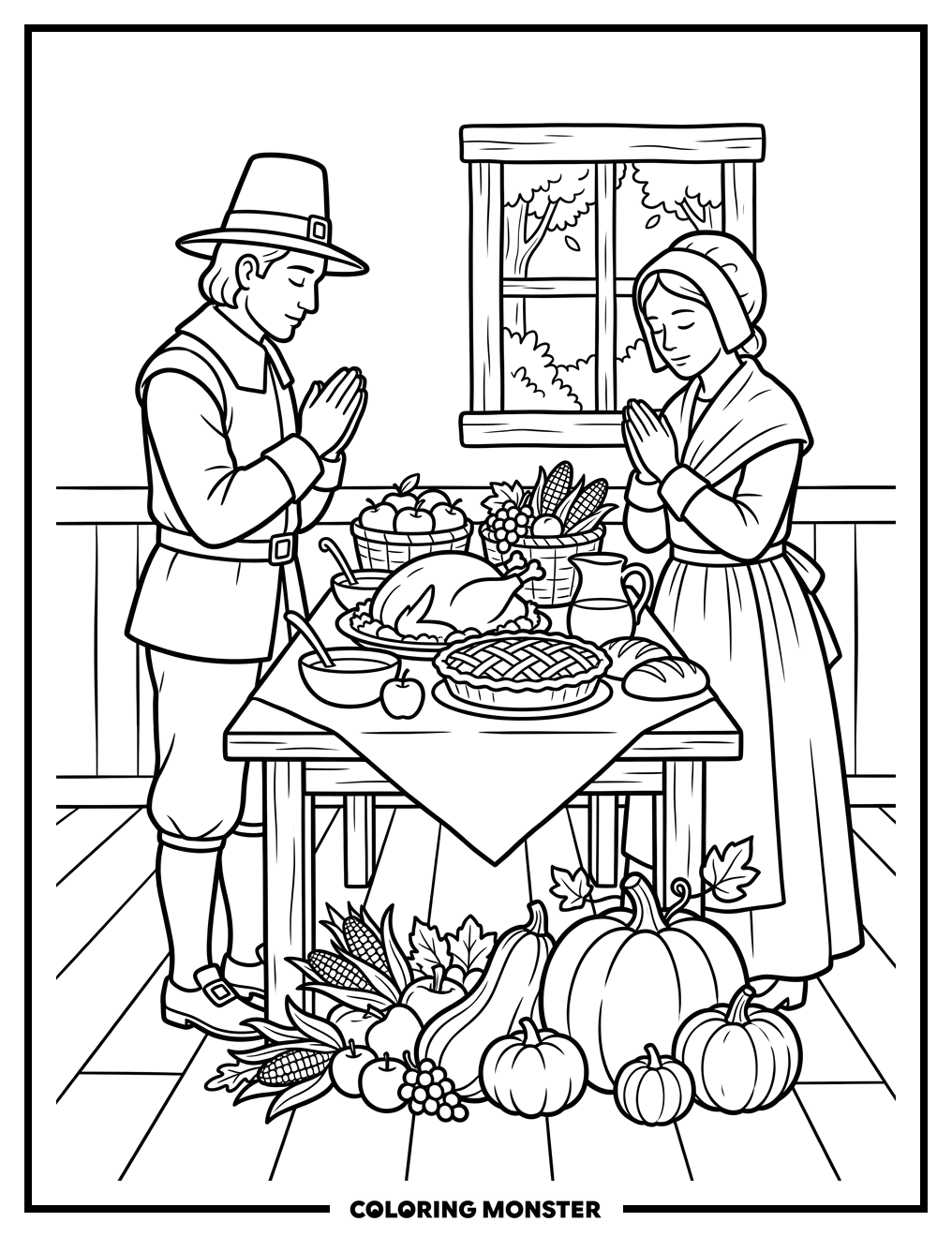 Pilgrim Family Giving Thanks Coloring Page