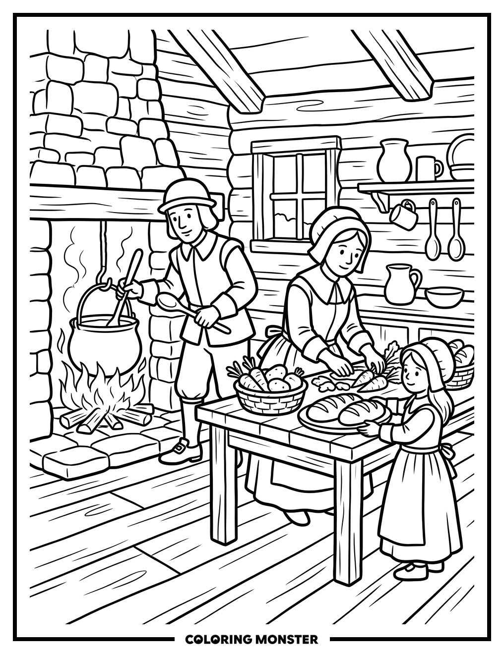 Pilgrim Family Kitchen Scene Coloring Page