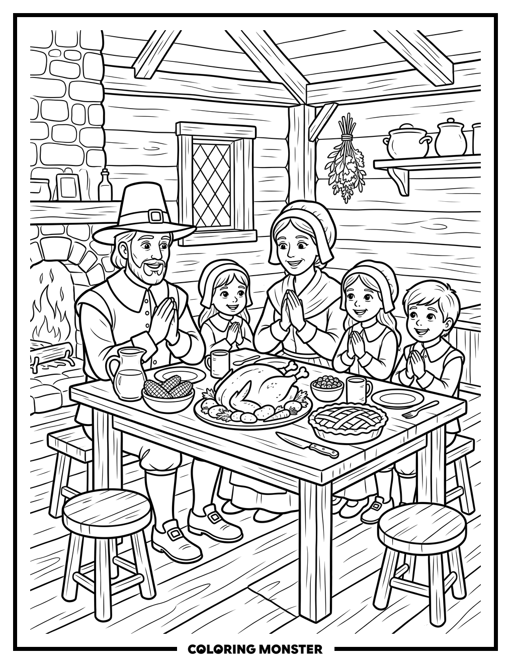 Pilgrim Family Thanksgiving Feast Coloring Page