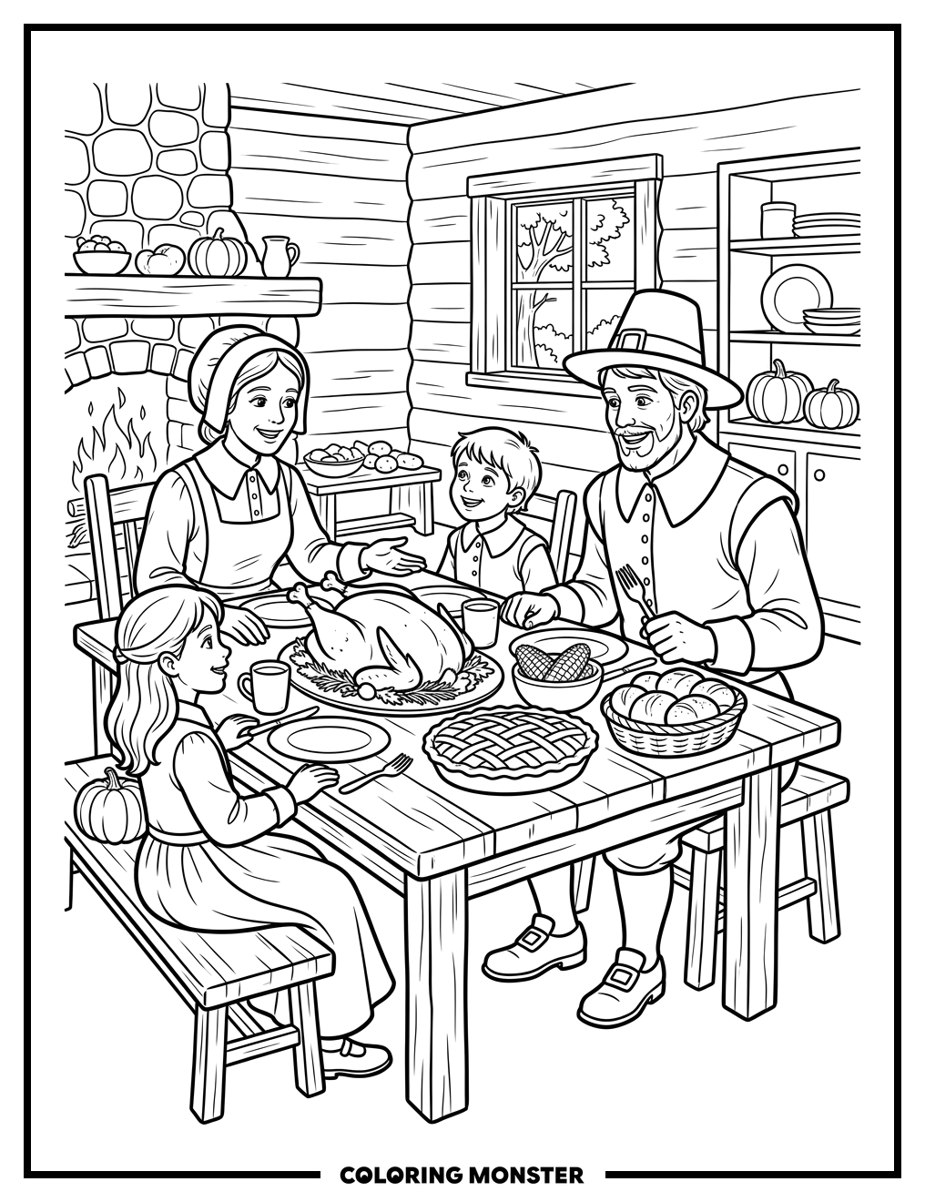 Pilgrim Family Thanksgiving Feast Coloring Page