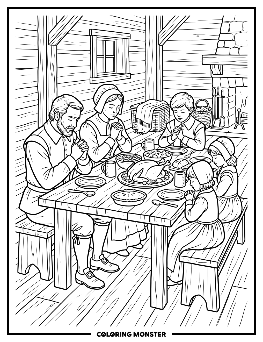 Pilgrim Family Thanksgiving Feast Coloring Page