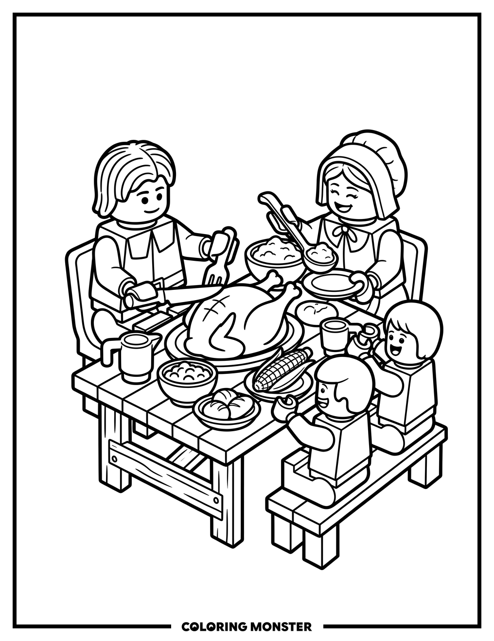Pilgrim Family Thanksgiving Feast Coloring Page