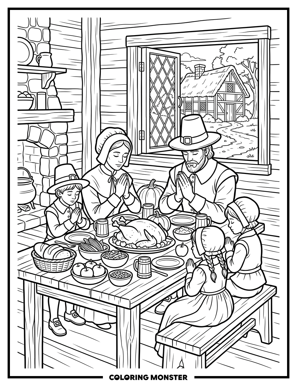 Pilgrim Family Thanksgiving Prayer Coloring Page