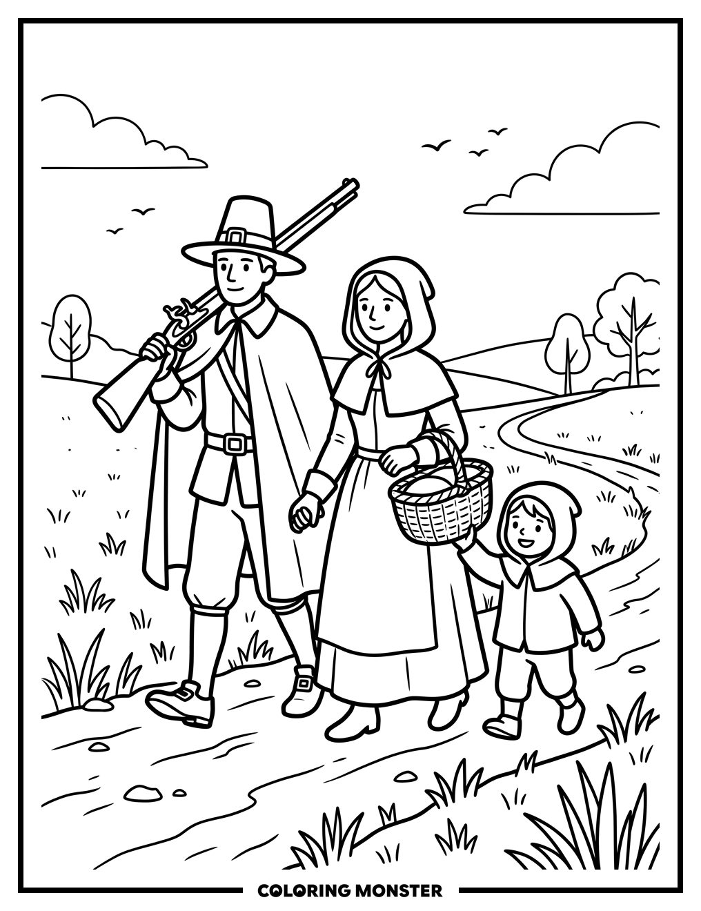Pilgrim Family Walking Through Field Coloring Page