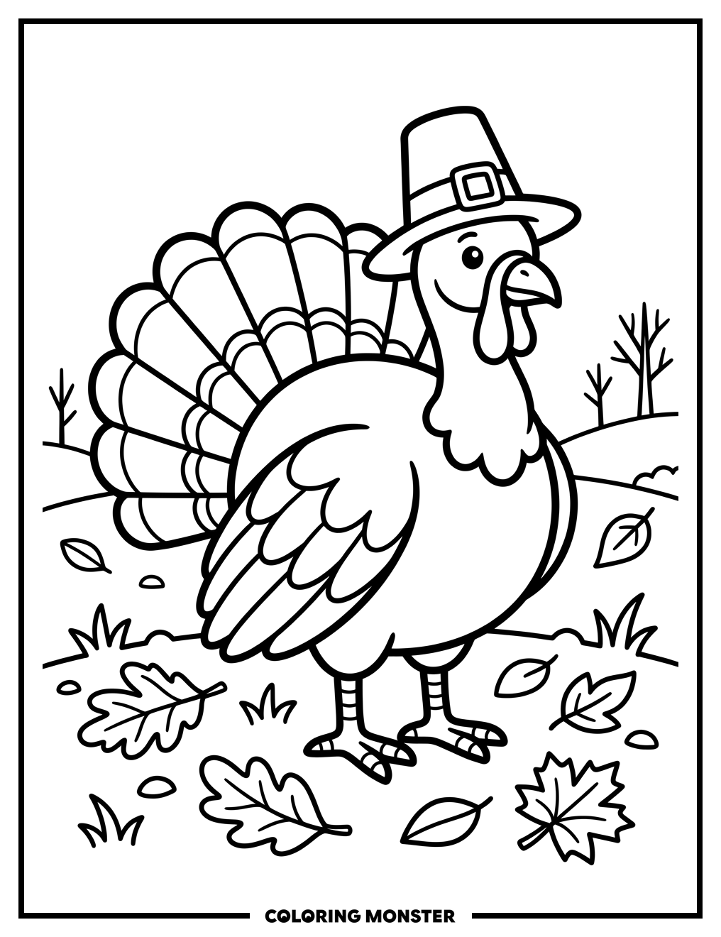 Pilgrim Turkey with Autumn Leaves Coloring Page