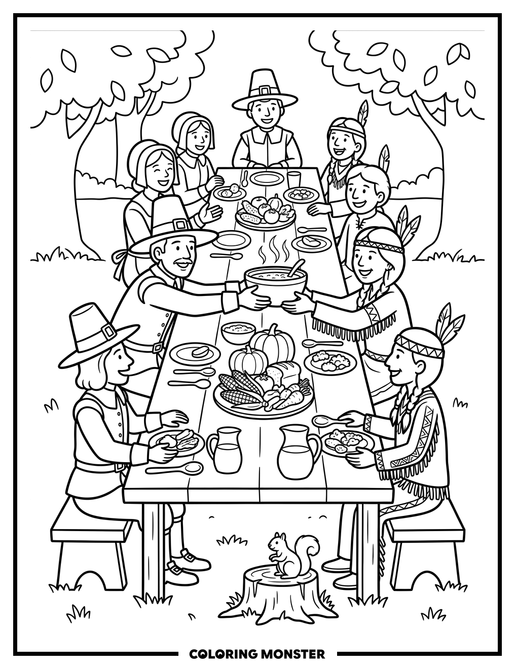 Pilgrims and Native Americans Share a Meal Coloring Page