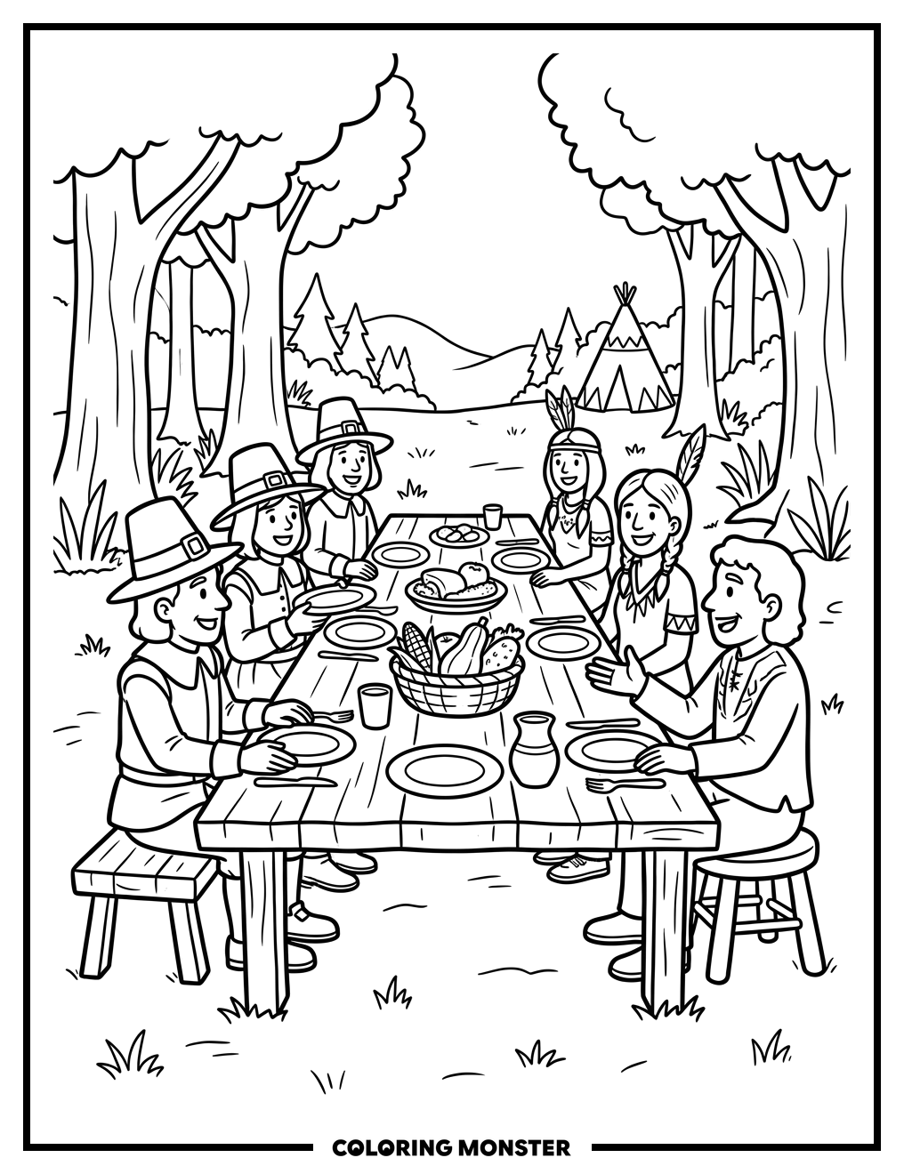 Pilgrims and Native Americans Sharing a Meal Coloring Page