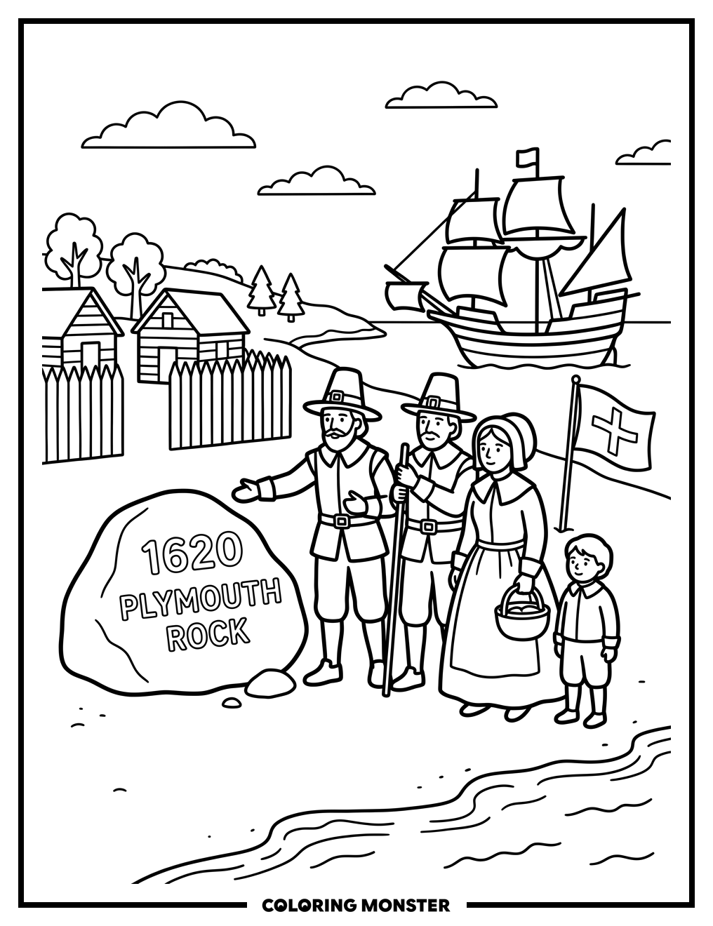Pilgrims at Plymouth Rock Coloring Page