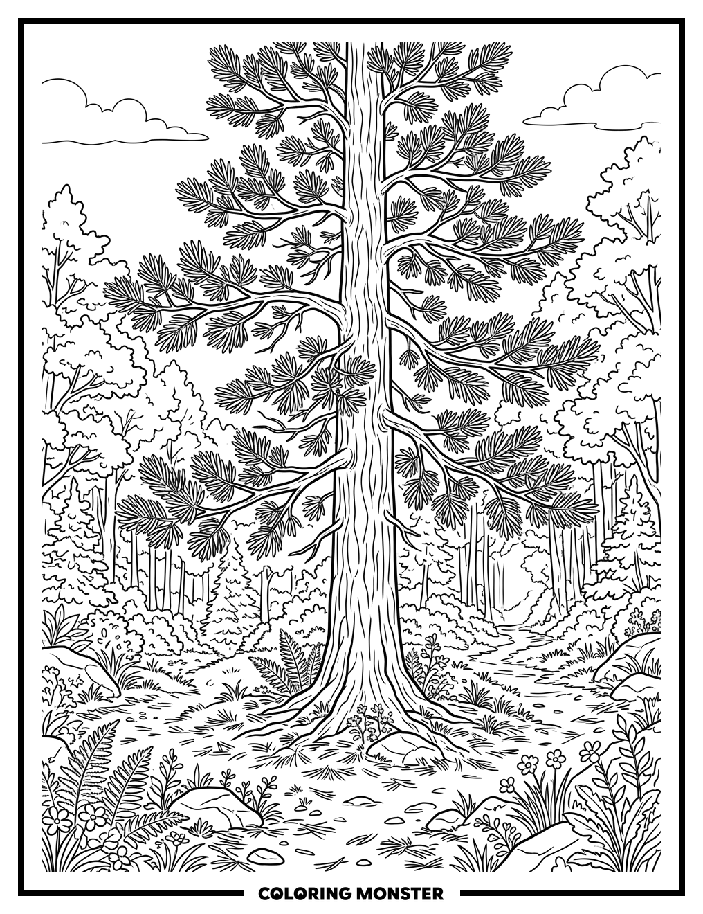 Pine Tree in Forest Clearing Coloring Page