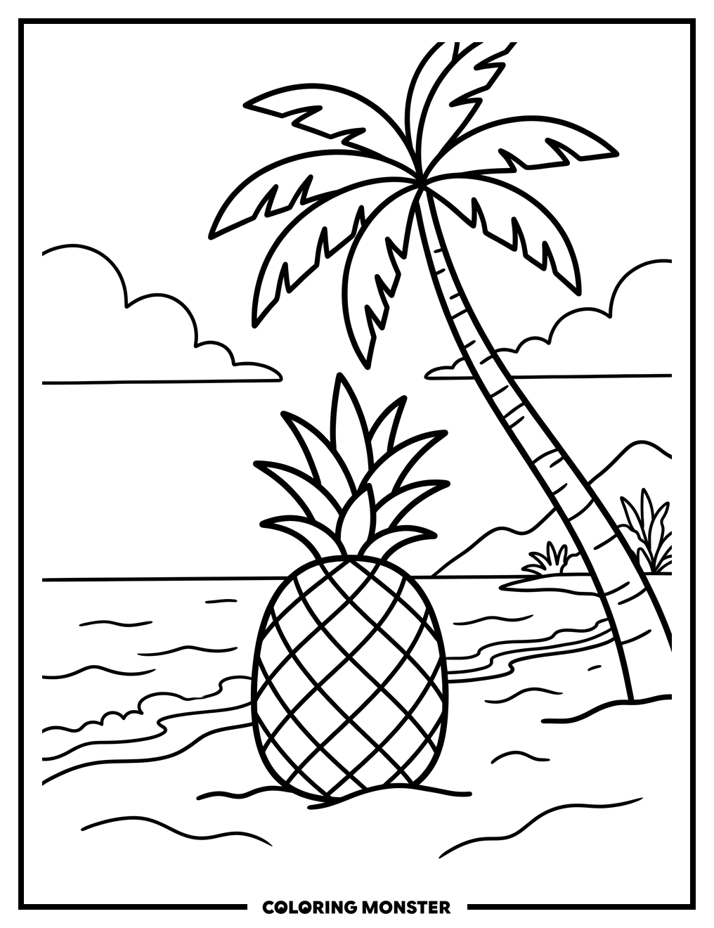 Pineapple and Palm Tree on Beach Coloring Page