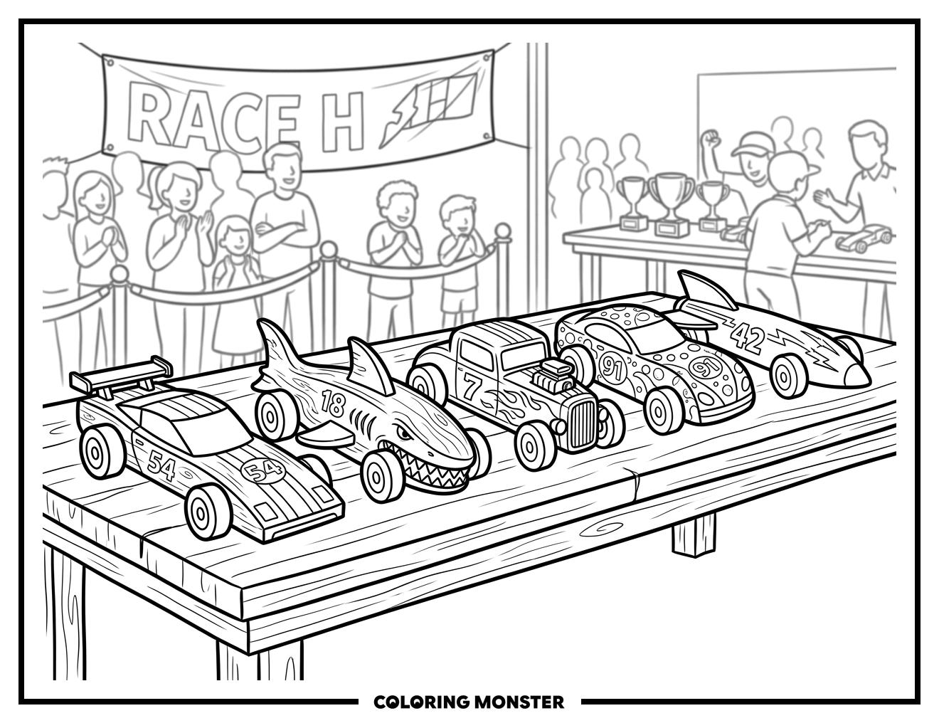Pinewood Derby Race Cars Lined Up Coloring Page