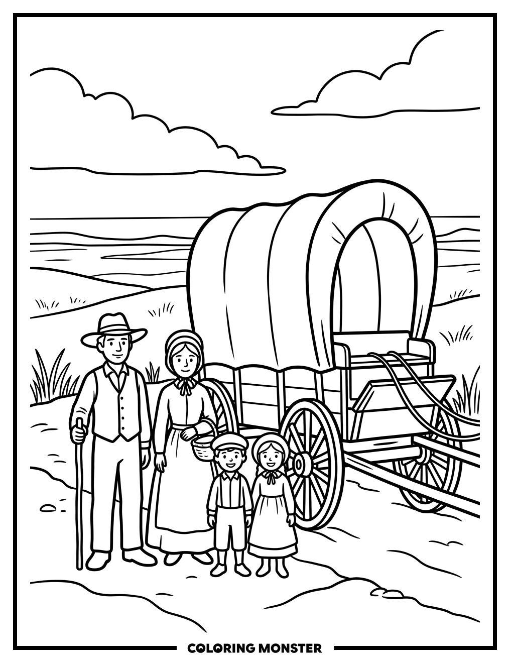 Pioneer Family and Covered Wagon Coloring Page