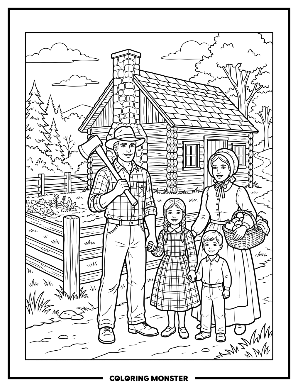 Pioneer Family by Log Cabin Coloring Page