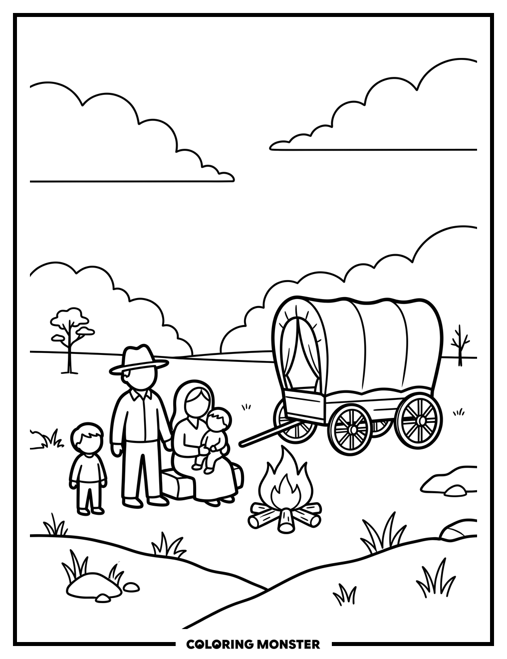 Pioneer Family Camp on the Prairie Coloring Page