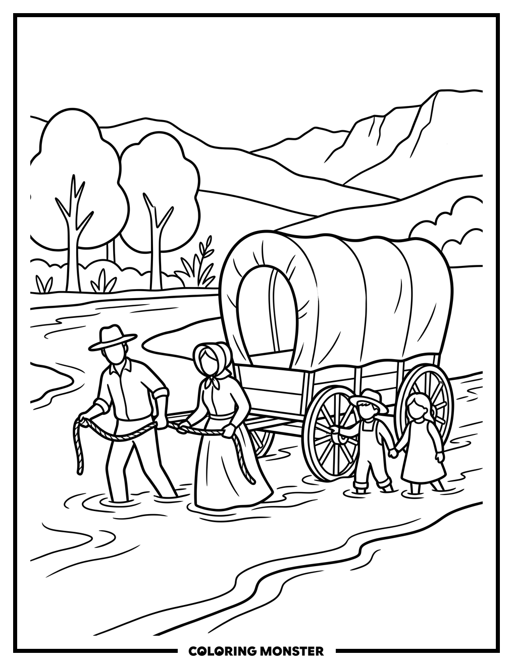 Pioneer Family Crossing a River Coloring Page