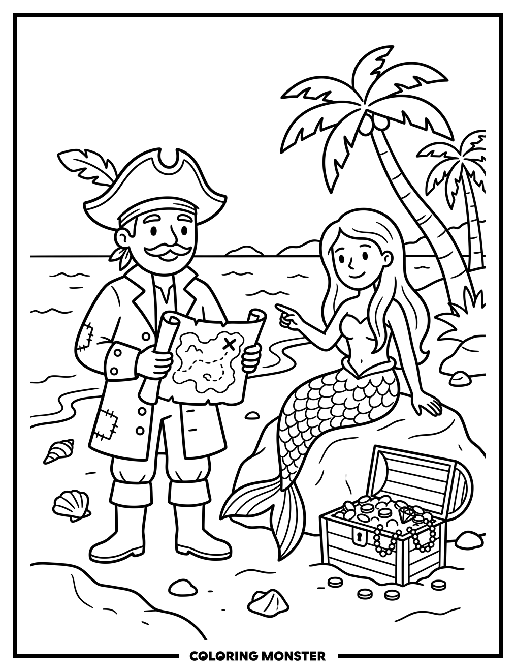 Pirate Captain and Mermaid on Tropical Beach Coloring Page