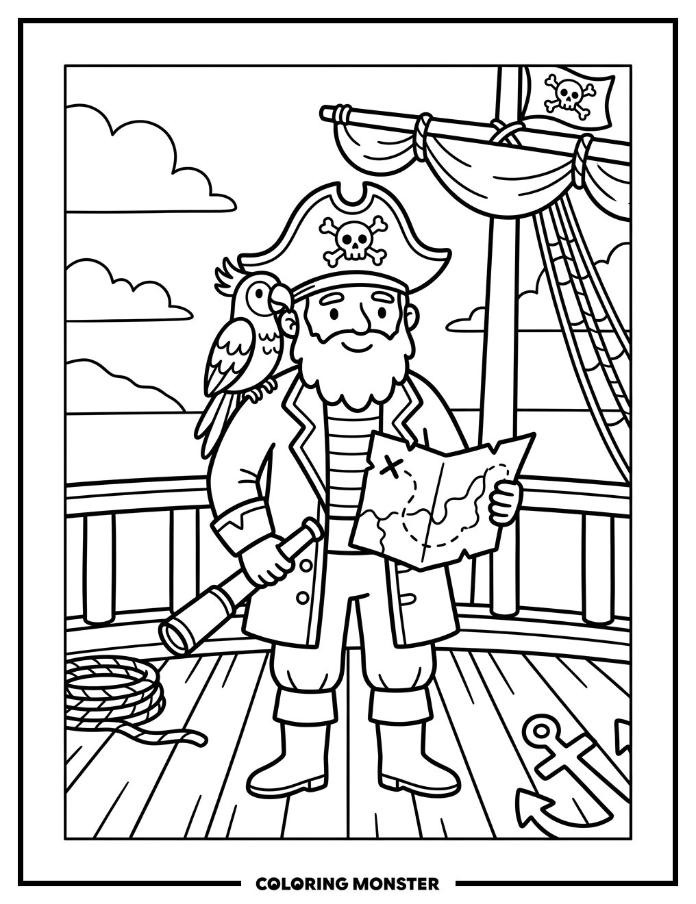 Pirate Captain With Parrot and Treasure Map Coloring Page
