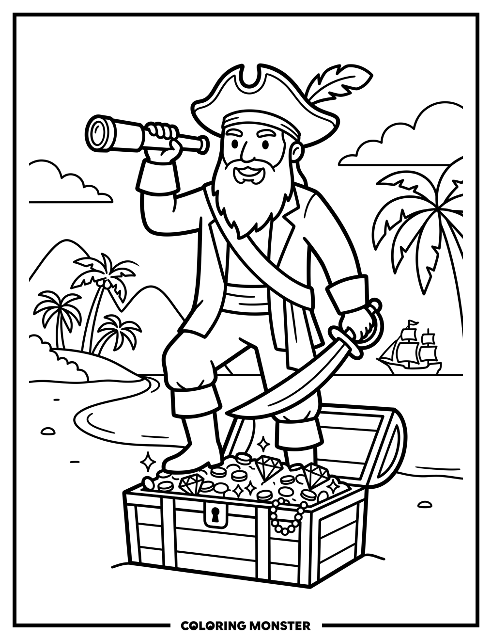 Pirate Captain With Treasure Chest Coloring Page