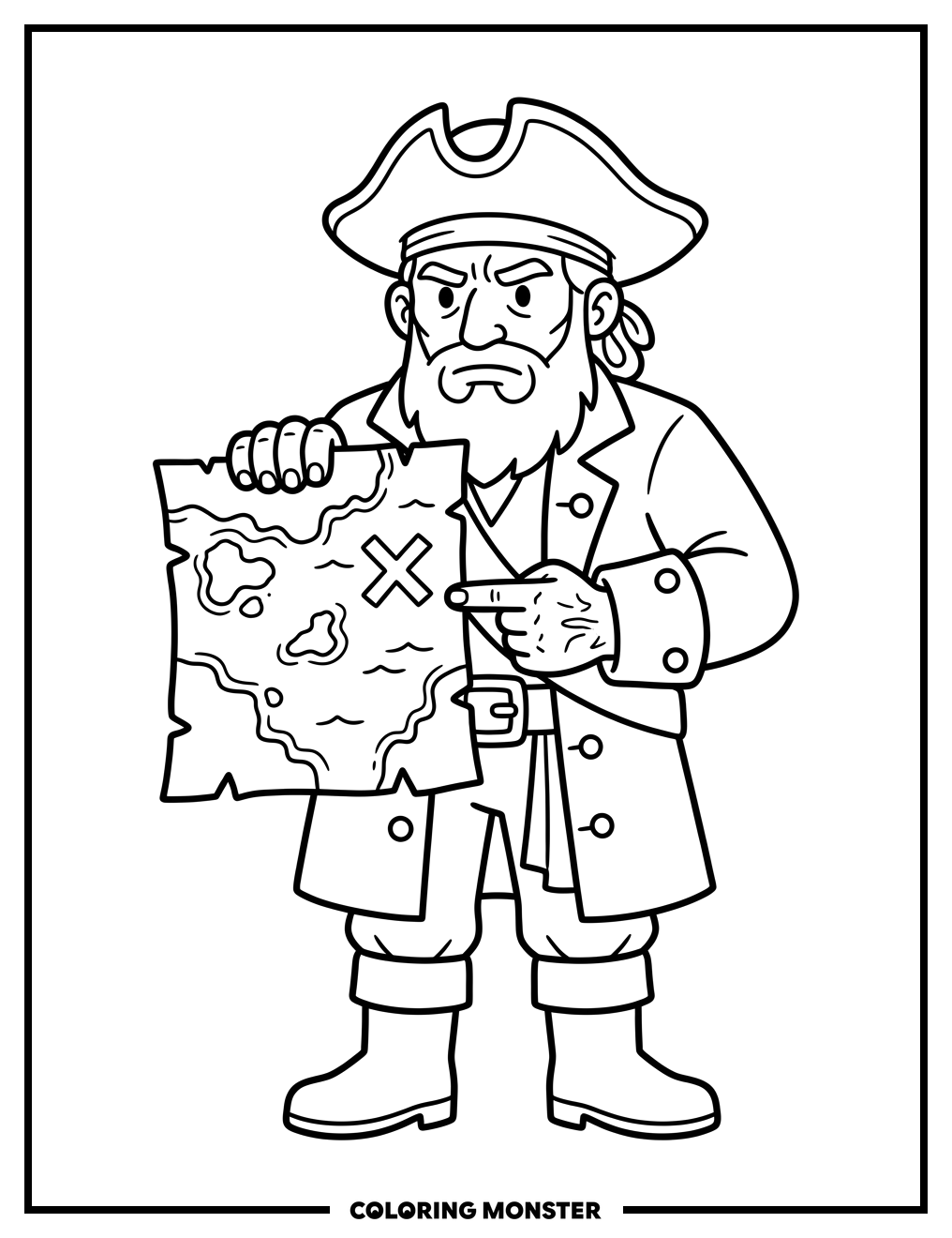 Pirate Captain with Treasure Map Coloring Page