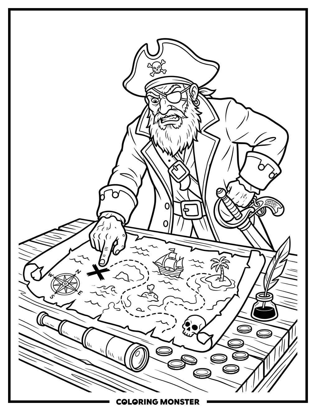 Pirate Captain With Treasure Map Coloring Page