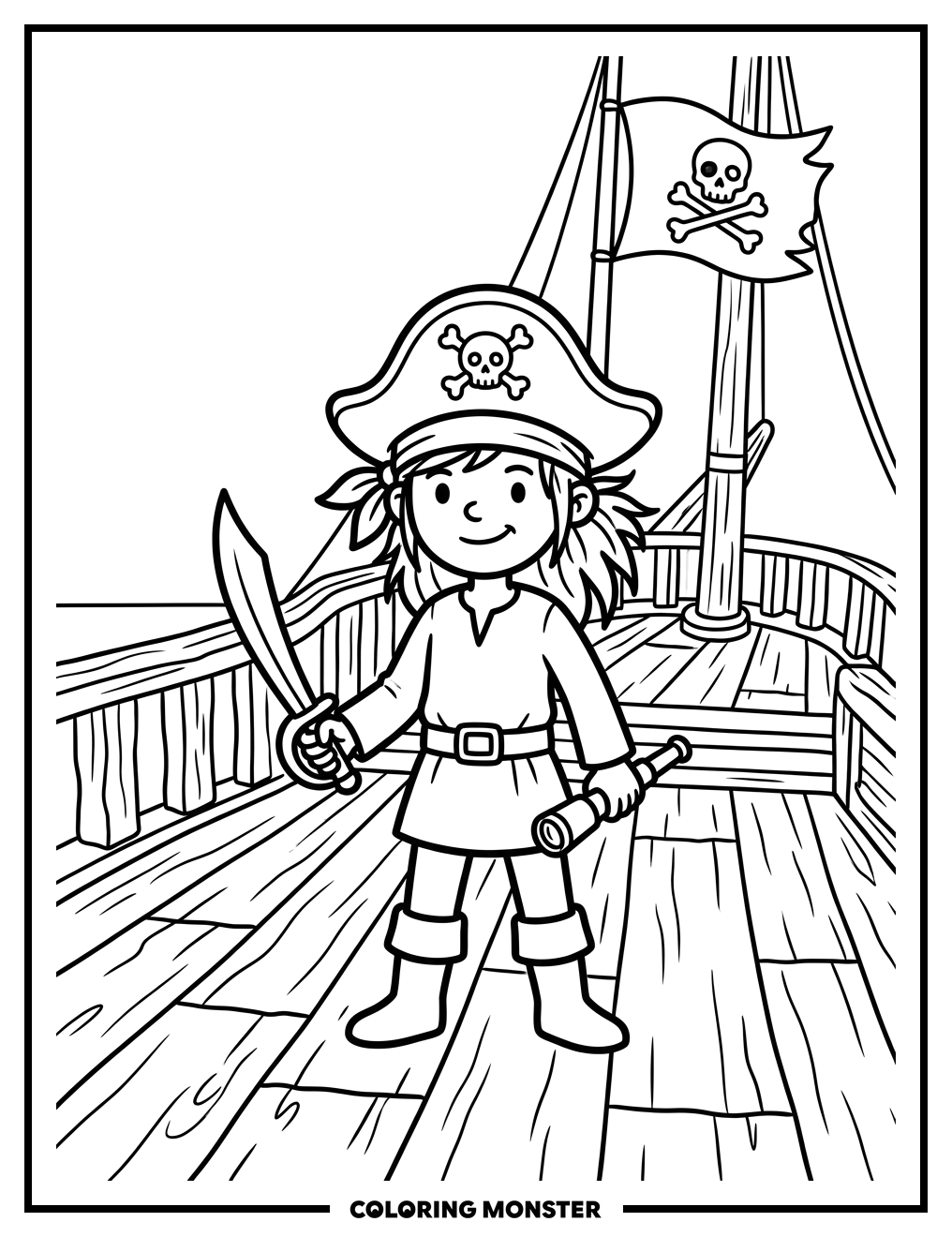 Pirate Girl on Ship Deck Coloring Page